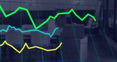 Ofis üzerinde veri işleme ve diyagramlarının resmi. Küresel iş ve dijital arayüz kavramı dijital olarak oluşturulmuş görüntü.
