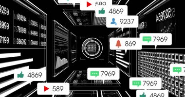 Siyah arkaplan üzerinde dijital veri işleme resmi. Dijital olarak oluşturulmuş küresel bağlantılar, hesaplama ve veri işleme kavramı.