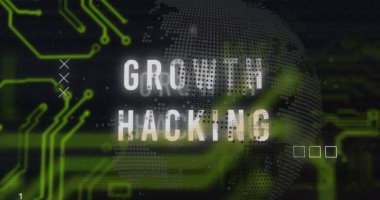 Image of growth hacking text over motherboard and processing data on black. Network, data, digital interface, marketing, business and global communication, digitally generated image. clipart