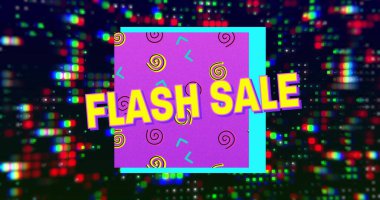 Renkli şekiller ve siyah arkaplanda ışık lekeleri üzerine flash satış metni resmi. İletişim, şekiller, ışık, arkaplan ve dijital arayüz kavramı dijital olarak oluşturuldu.