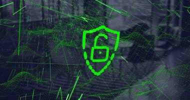 Noktalar ve ofis üzerinde kalkan olan asma kilit görüntüsü. Küresel siber güvenlik, iş ve dijital arayüz kavramı dijital olarak oluşturulmuş görüntü.