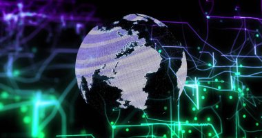 Dünya 'yı dijital ağ bağlantıları ile karanlık arkaplan üzerinde döndürmek. Küre, veri, siber uzay, teknoloji, fütüristik, iletişim