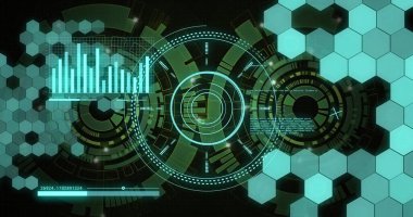 Grafikler ve altıgen şekillerle fütüristik veri görselleştirme ve analiz görüntüsü. Teknoloji, analitik, dijital, yenilik, istatistik, bilgi