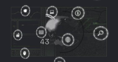 Dünya haritası üzerinde dijital simgeler ve veri işleme ve grafikler. Teknoloji, yenilik, küresel, analitik, büyük veri, fütürist