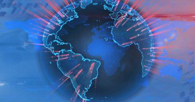 Veri işleme üzerinde dünya resmi ve mavi arkaplanda dünya haritası. Küresel teknoloji, bilgisayar ve dijital arayüz kavramı dijital olarak oluşturulmuş görüntü.