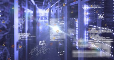 Sunucu odasında veri işleme resmi. Küresel teknoloji, bilgisayar ve dijital arayüz kavramı dijital olarak oluşturulmuş görüntü.