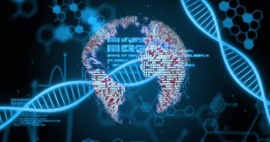 DNA iplikçikleri, dünya üzerinde kara arka plan üzerinde veri işleme. Küresel bilim, yapay zeka, bağlantılar, hesaplama ve veri işleme kavramı dijital olarak oluşturuldu.