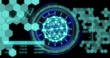 Dijital ağ ve veri görselleştirme görüntüsü altıgen desenli geleceksel arayüz üzerinde. Teknoloji, siber, bağlantı, yenilik, bilim, modern