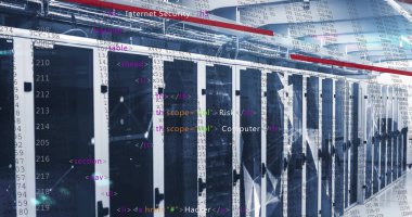 Sunucu odasında veri işleme resmi. Küresel teknoloji, bilgisayar ve dijital arayüz kavramı dijital olarak oluşturulmuş görüntü.