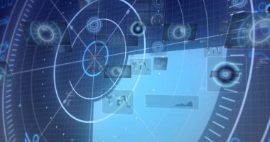 Siyah arkaplanda tarama alanındaki dijital veri işleme resmi. Dijital olarak oluşturulmuş küresel bağlantılar, hesaplama ve veri işleme kavramı.