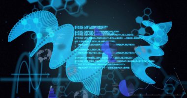 Siyah arka planda DNA iplikleri ve bilimsel veri işleme resimleri. Küresel bilim, yapay zeka, bağlantılar, hesaplama ve veri işleme kavramı dijital olarak oluşturuldu.