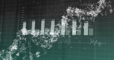 Finansal veri arkaplanı üzerinden DNA ipliği ve bar çizelgesi resmi. Genetik, finans, teknoloji, bilim, araştırma, analiz