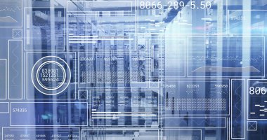 Sunucu odasında veri işleme resmi. Küresel teknoloji, bilgisayar ve dijital arayüz kavramı dijital olarak oluşturulmuş görüntü.