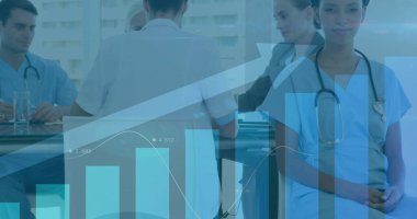 Sağlık hizmetleri veri analizi görüntüsü hastanede çalışan tıp uzmanları üzerinde. technology, teamwork, innovation, research, statistics, digital