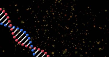 Hareket eden noktaların üzerinde DNA izi var. Teknoloji, bilim ve dijital arayüz kavramı dijital olarak oluşturulmuş görüntü.