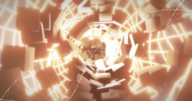 Dönen küpler ve parlayan ızgara tünel görüntüsü oluşturuyor. dijital, fütüristik, teknoloji, sanal, 3D, hareket