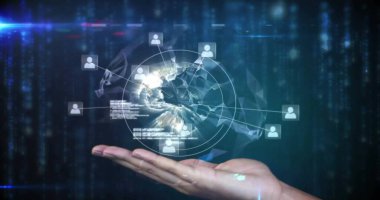 Siyah zemin üzerinde veri işleme ile el ele tutuşan dünya resmi. Küresel teknoloji, bilgisayar ve dijital arayüz kavramı dijital olarak oluşturulmuş görüntü.