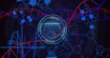 DNA ipliği, biyometrik parmak izi üzerinde veri işleme. Küresel bilim, yapay zeka, bağlantılar, hesaplama ve veri işleme kavramı dijital olarak oluşturuldu.