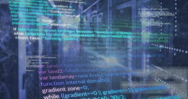 Sunucu odasında veri işleme resmi. Küresel teknoloji, bilgisayar ve dijital arayüz kavramı dijital olarak oluşturulmuş görüntü.