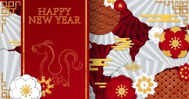 Kırmızı arka planda Çince desenli mutlu yeni yıl mesajı ve ejderha işareti. Çin 'in yeni yılı, ejderha yılı, gelenek ve kutlama konsepti dijital olarak oluşturuldu..