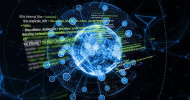 Programlama kodu üzerinde parlayan ağ bağlantıları ve veri işleme resmi. Teknoloji, ağ oluşturma, dijital, görsel efektler, bilgi, fütürist