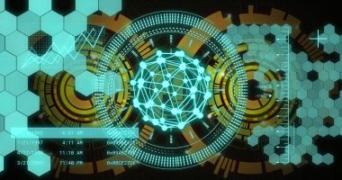 Soyut geometrik arkaplan üzerinde dijital ağ ve veri işleme resmi. Teknoloji, fütüristik, sanal, bağlantı, siber alan, yenilik