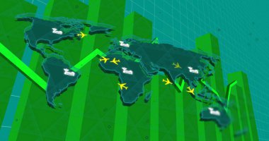 Image of, Airplanes and cargo ships over world map with green bar graphs. Transportation, logistics, global, shipping, trade, export clipart