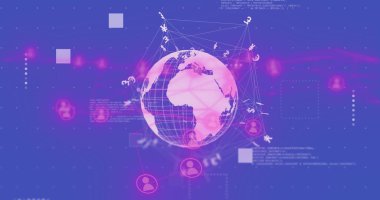 Canlandırılmış dünya üzerindeki küresel ağ bağlantıları ve finansal sembollerin resmi. Teknoloji, ağ, finans, küreselleşme, veri, dijital