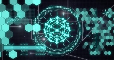 Karanlık arka planda dijital veri işleme ve küreye ait görüntü. Dijital olarak oluşturulmuş küresel bağlantılar, hesaplama ve veri işleme kavramı.