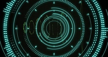 Dönen neon daireler ve geometrik şekiller, geleceksel görüntü. Soyut, dijital, 3D, teknoloji, canlı, parıltılı