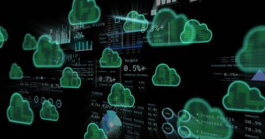 Veri işleme üzerinde dijital bulutların görüntüsü. İş, teknoloji ve dijital arayüz kavramı dijital olarak oluşturuldu.