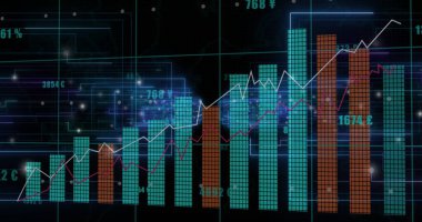 Veri işleme üzerindeki diyagramların ve ışık izlerinin resmi. İş, teknoloji ve dijital arayüz kavramı dijital olarak oluşturuldu.