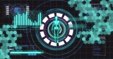 İnsan vücudu taraması ve veri analiz görüntüsü dijital arayüz üzerinden grafiklerle. Teknoloji, fütüristik, sağlık, yenilik, tıbbi, siber