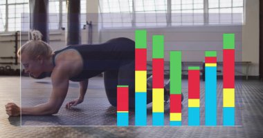 Spor salonunda egzersiz yapan beyaz bir kadının diyagramları. Spor ve dijital arayüz kavramı dijital olarak oluşturulmuş görüntü.