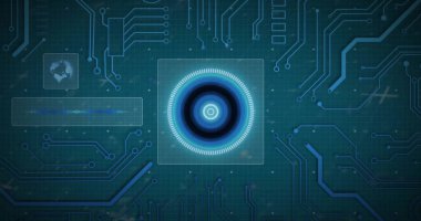 Bilgisayar devre kartından dijital veri işleme resmi. Dijital olarak oluşturulmuş küresel bağlantılar, hesaplama ve veri işleme kavramı.