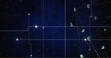 Para birimi sembolleri ve ağ bağlantıları yıldızlı gece gökyüzü arkaplanı üzerine resim. Finans, ekonomi, dijital, teknoloji, yıldızlar, galaksi