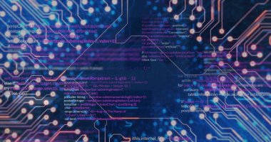 Sunucu odasındaki bilgisayar devre kartı ve veri işleme görüntüsü. Küresel teknoloji, bilgisayar ve dijital arayüz kavramı dijital olarak oluşturulmuş görüntü.