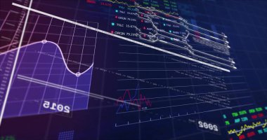 Siyah arka plandaki grafiklerin ve finansal işleme verilerinin resmi. Veri, finans, dijital arayüz, bağlantı, ağ ve küresel iletişim, dijital olarak oluşturulmuş görüntü.