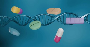 DNA ipliği üzerinde dönen hapların görüntüsü. Küresel bilim, bağlantılar, hesaplama ve veri işleme kavramı dijital olarak oluşturulmuş görüntü.