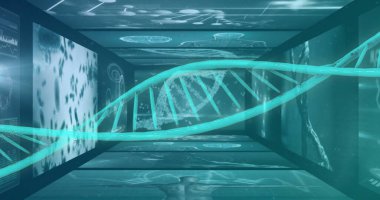 DNA strand over scientific data processing in futuristic image. Science, biotechnology, genetics, molecular, digital, innovation clipart