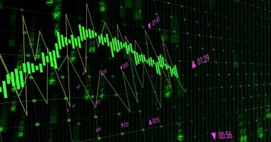 Finansal veriler ve yeşil ve pembe grafikli borsa analizi. Maliye, veri analizi, animasyon şeması, ekonomi, yatırım, ticaret