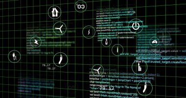 Dijital simgelerin ve veri işlemenin koyu sırt çantasının üzerindeki görüntüsü. Dijital olarak oluşturulmuş küresel bağlantılar, hesaplama ve veri işleme kavramı.