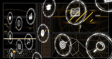 Dijital simgelerin ve veri işlemenin koyu sırt çantasının üzerindeki görüntüsü. Dijital olarak oluşturulmuş küresel bağlantılar, hesaplama ve veri işleme kavramı.