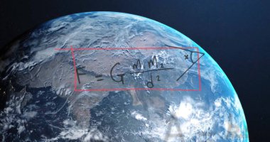 Image of mathematical data processing over globe on blue background. Global connections, computing and data processing concept digitally generated image. clipart