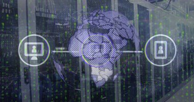 Bilgisayar sunucuları üzerinden küresel görüntü, simgeler, ikili kodlama ve veri işleme. Dijital olarak oluşturulmuş küresel bağlantılar, hesaplama ve veri işleme kavramı.