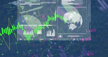Şebeke ve karanlık arka planda finansal veri işleme resmi. Küresel finans, iş, bağlantılar, hesaplama ve veri işleme kavramı dijital olarak oluşturuldu.