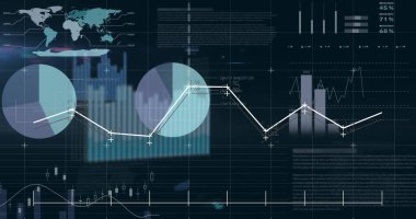 Gri grafiklerin ve grafiklerin resmi siyah arkaplan üzerinde veri işliyor. Veri, dijital arayüz, bağlantı, ağ ve küresel iletişim, dijital olarak oluşturulmuş görüntü.