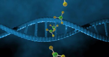 DNA ipliği üzerinde hareket eden moleküllerin görüntüsü. Küresel bilim, bağlantılar, hesaplama ve veri işleme kavramı dijital olarak oluşturulmuş görüntü.