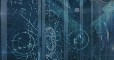 Sunucu odasındaki sosyal medya simgeleriyle bağlantı ağının resmi. Küresel teknoloji, bilgisayar ve dijital arayüz kavramı dijital olarak oluşturulmuş görüntü.