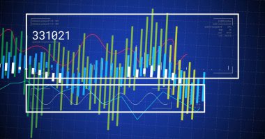 Mavi arka planda finansal veri işleme resmi. Küresel teknoloji, bilgisayar, çevrimiçi güvenlik ve dijital arayüz kavramı dijital olarak oluşturulmuş görüntü.